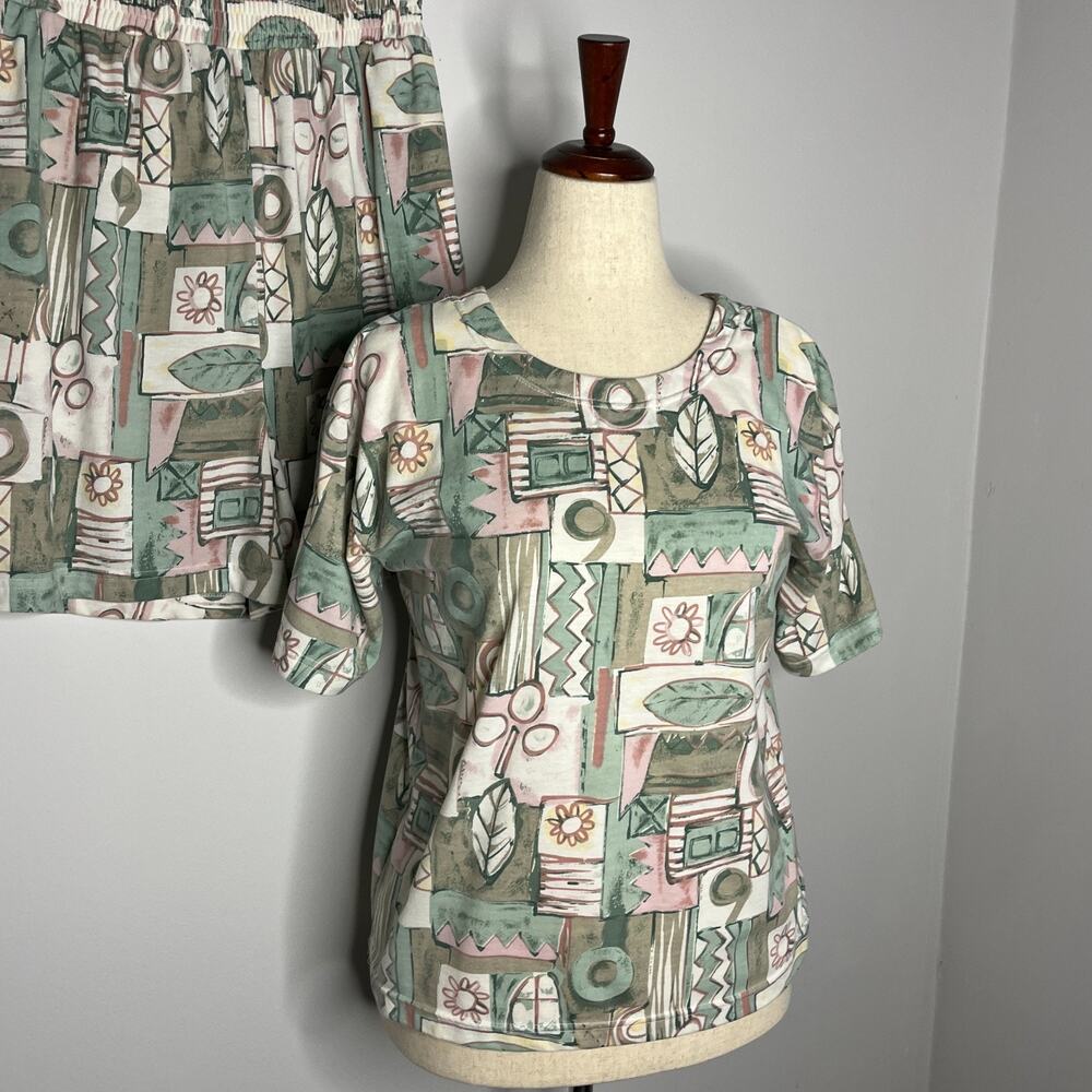 Vintage 90s Matching Set Women's M Shorts Top Geometric Abstract Stretch Waist - Picture 4 of 7